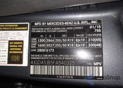 2015 Mercedes-Benz Ml 350 350 from USA, damaged, VIN 4JGDA5JB5FA540325